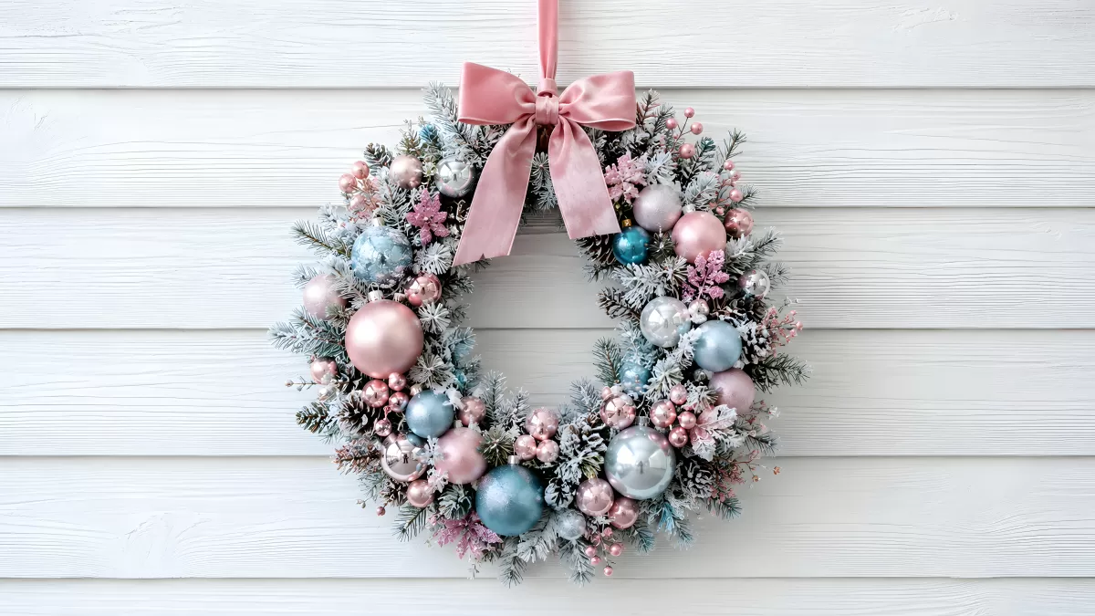 Weihnachtskranz in Rosa und Blau an weißer Wand