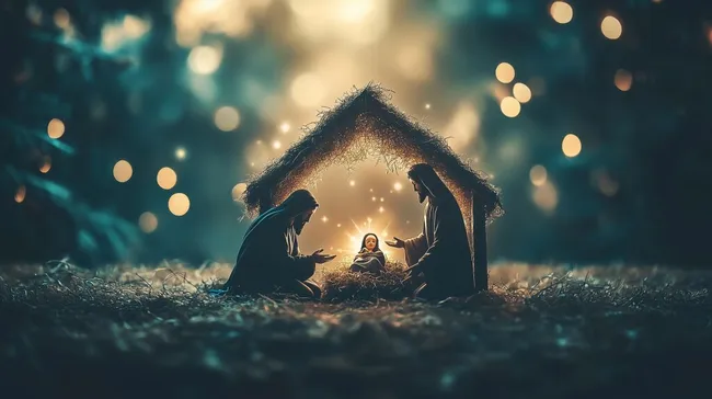 Weihnachtskrippe bei Nacht mit Lichtern