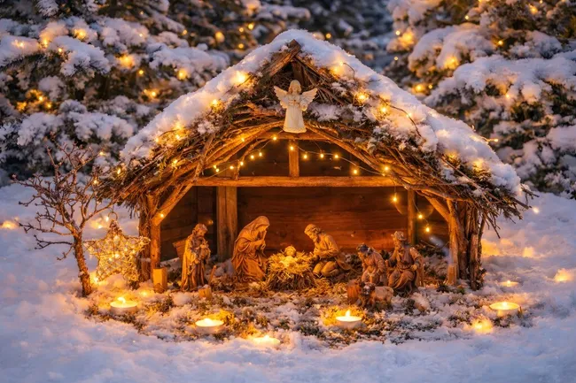 Weihnachtskrippe im Schnee mit Lichterketten
