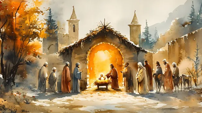 Weihnachtskrippe in verschneiter Winterlandschaft