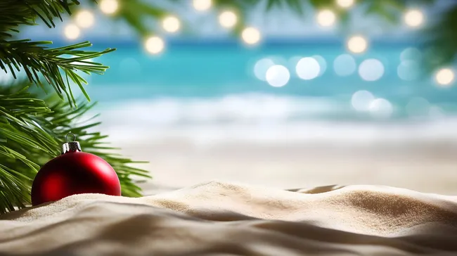 Weihnachtskugel am tropischen Sandstrand mit Palmen
