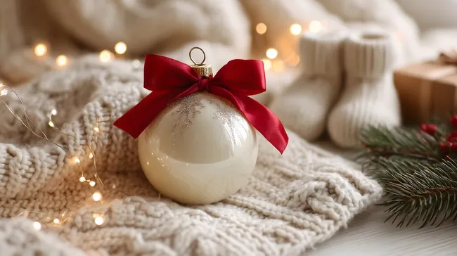 Weihnachtskugel auf Grobstrickpulli mit Lichterkette