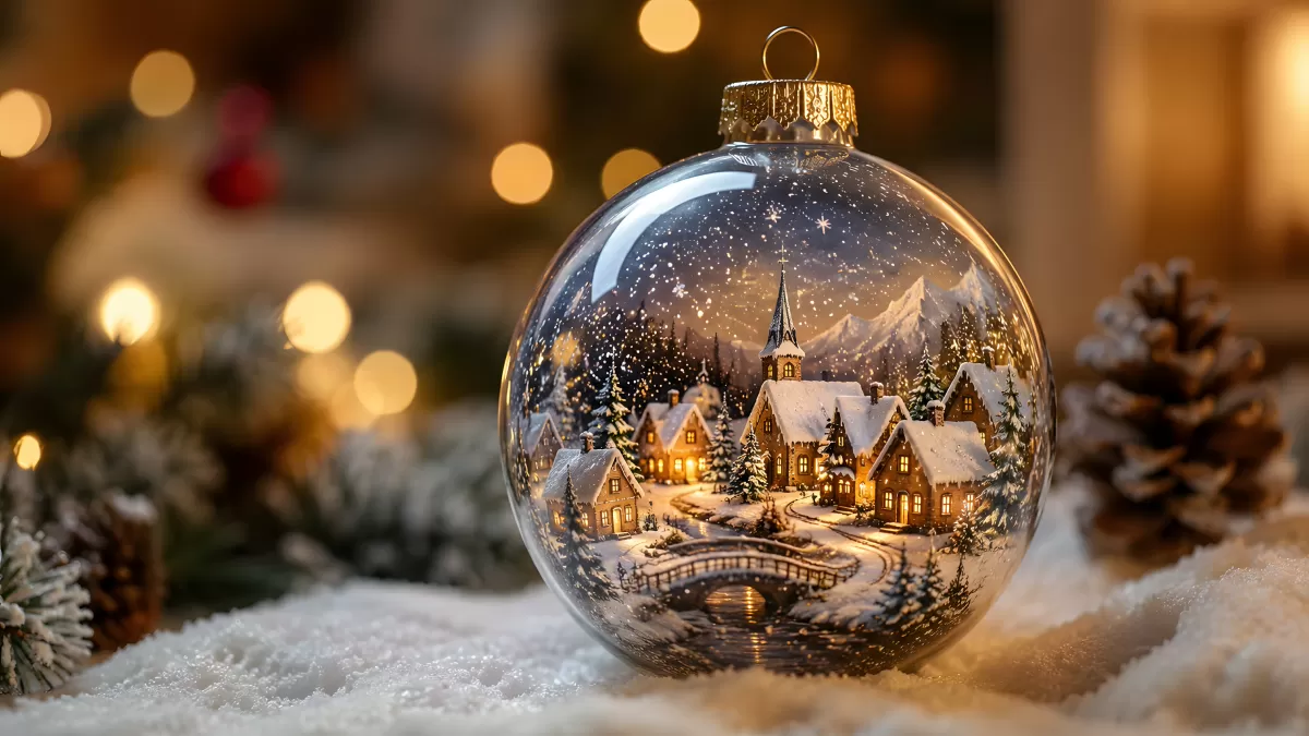 Weihnachtskugel mit leuchtendem Winterdorf im Schnee