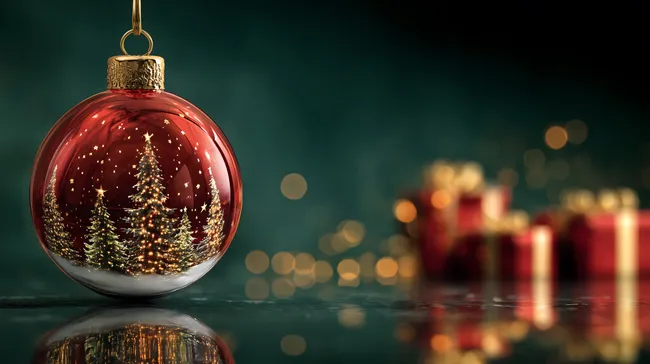 Weihnachtskugel mit Nadelwald-Motiv und Lichtreflexen