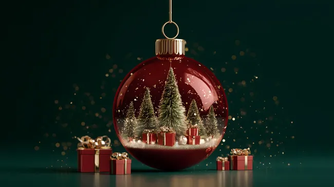 Weihnachtskugel mit Tannenbaum und Geschenken