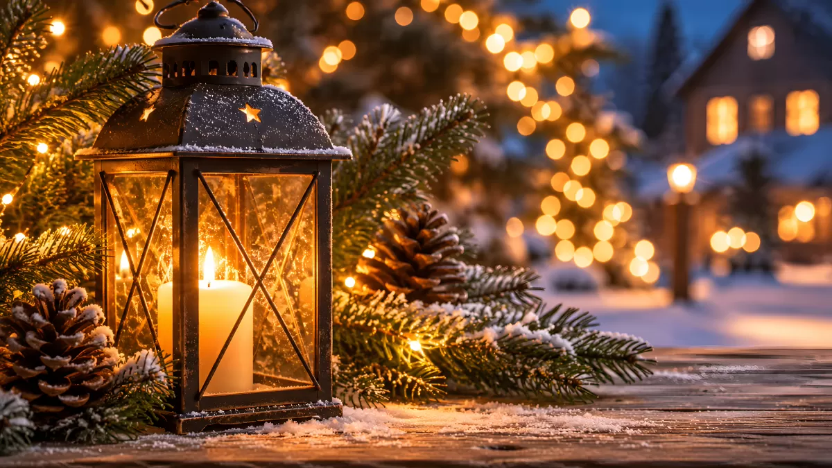 Weihnachtslaterne mit Kerze im verschneiten Wintergarten