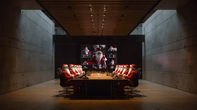 Weihnachtsmänner in moderner Konferenz-Atmosphäre