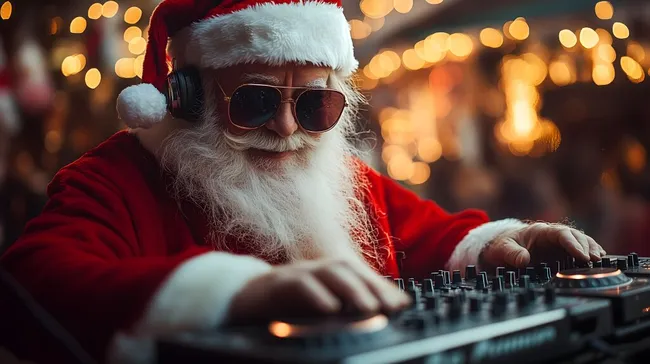 Weihnachtsmann als DJ mit Kopfhörern an den Turntables