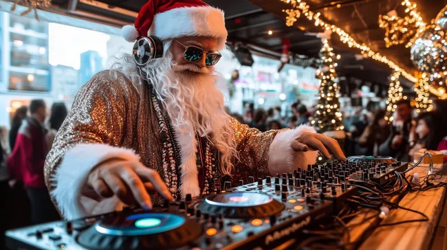 Weihnachtsmann als feiernder DJ in festlicher Umgebung
