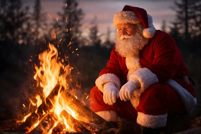 Weihnachtsmann am flackernden Lagerfeuer