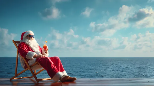 Weihnachtsmann am Meer mit Cocktail in der Sonne