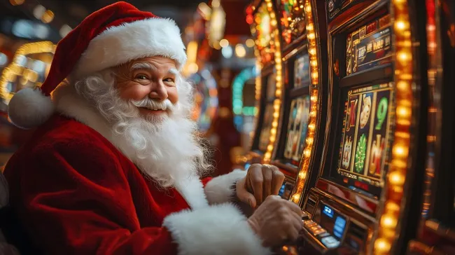 Weihnachtsmann an Spielautomat im festlich geschmückten Casino