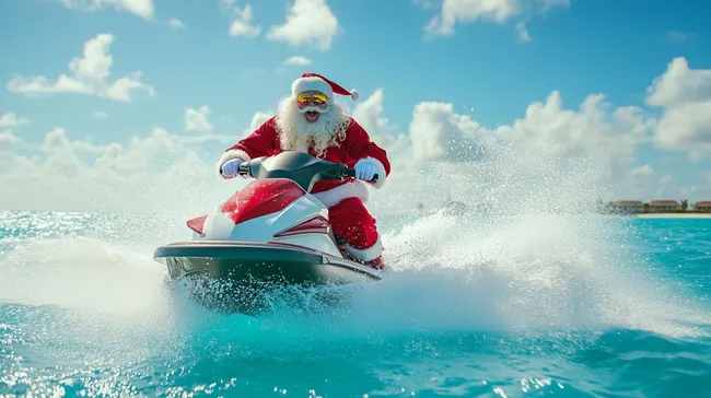 Weihnachtsmann auf Jetski vor karibischem Strand