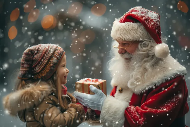 Weihnachtsmann bringt Geschenk an Kind