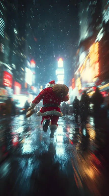 Weihnachtsmann eilt durch belebte Großstadt bei Nacht