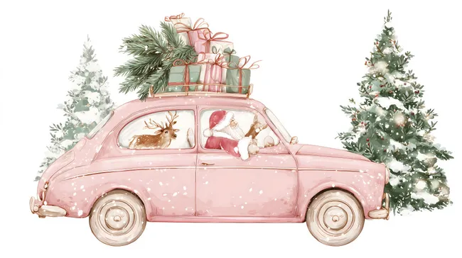 Weihnachtsmann fährt Rosa Oldtimer mit Geschenken