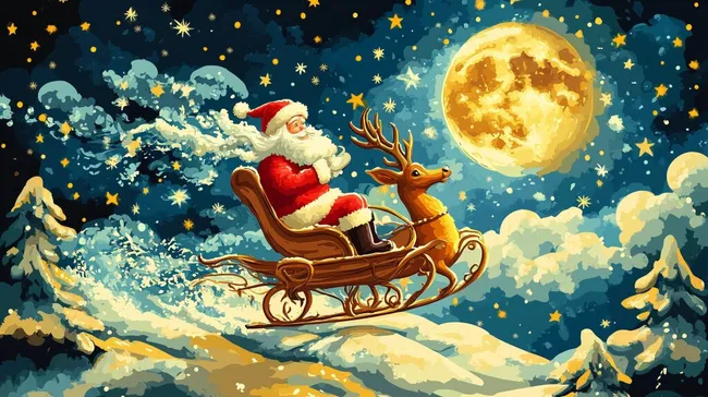 Weihnachtsmann fliegt mit Rentieren durch den Sternenhimmel