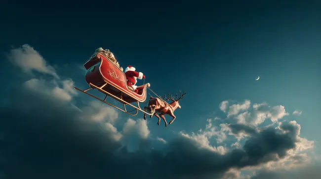 Weihnachtsmann fliegt mit Rentieren über Wolken