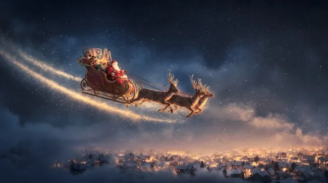 Weihnachtsmann fliegt mit seinem Rentier-Schlitten durch die Nacht