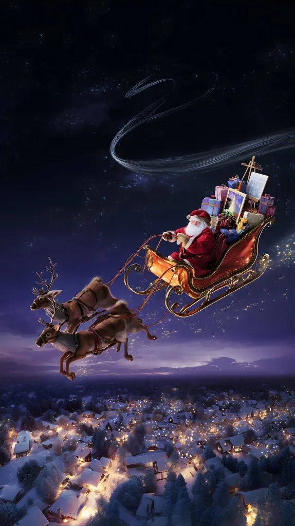 Weihnachtsmann fliegt über verschneites Dorf bei Nacht