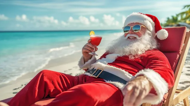 Weihnachtsmann genießt Cocktail am Strand
