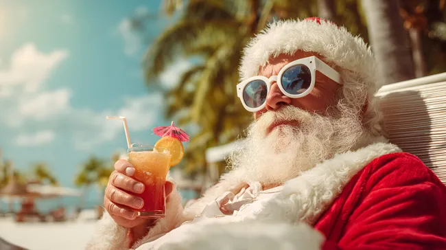 Weihnachtsmann genießt Cocktail am Tropenstrand