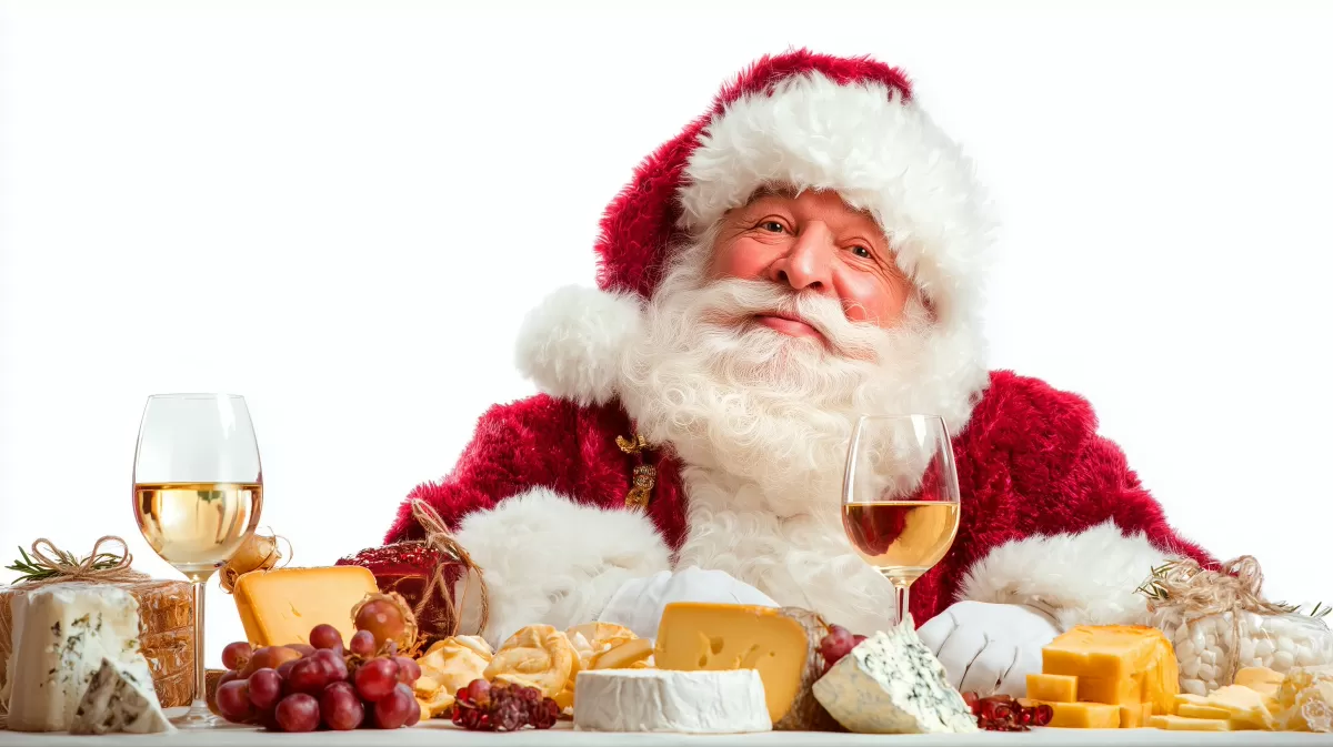 Weihnachtsmann genießt Käse und Wein