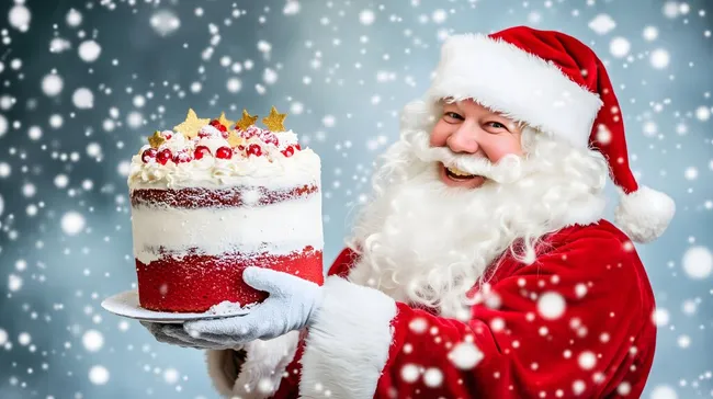 Weihnachtsmann hält festliche Torte mit Beeren und Sternen