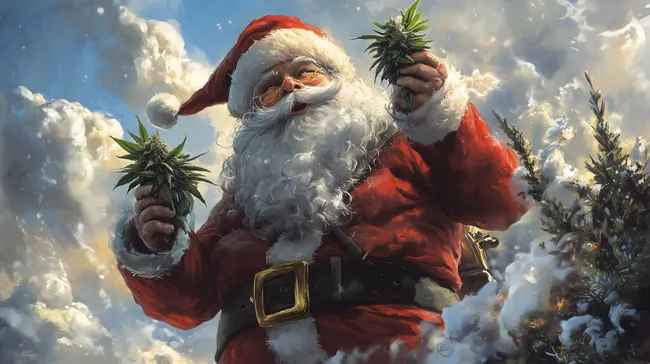 Weihnachtsmann hält Hanfpflanzen in winterlicher Landschaft