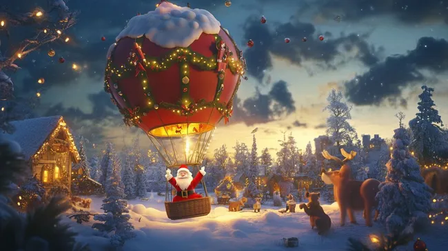 Weihnachtsmann im Heißluftballon über verschneiter Winterlandschaft