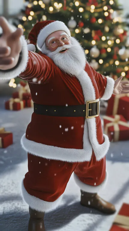 Weihnachtsmann im roten Kostüm vor beleuchtetem Christbaum