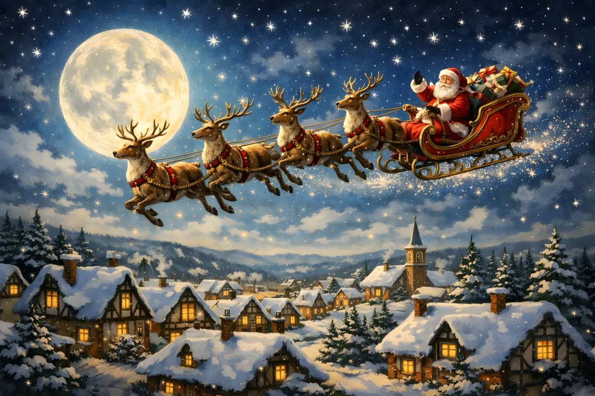 Weihnachtsmann im Schlitten über verschneitem Dorf