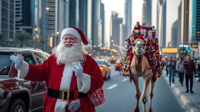 Weihnachtsmann in Dubai mit geschmücktem Kamel