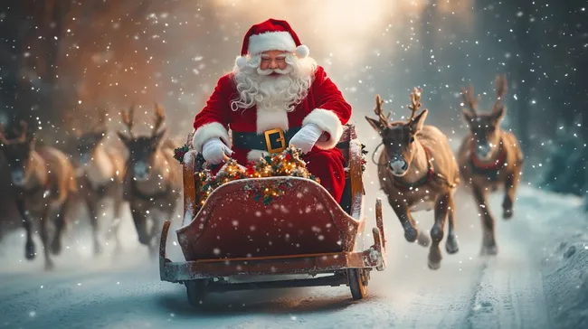 Weihnachtsmann in Schlitten mit Rentieren auf verschneiter Straße