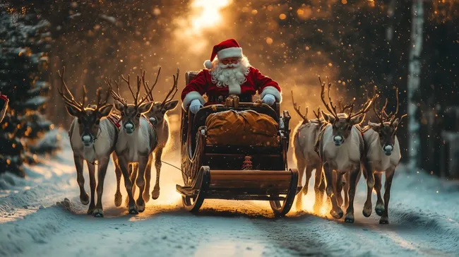 Weihnachtsmann in Schlitten mit Rentieren bei Sonnenuntergang