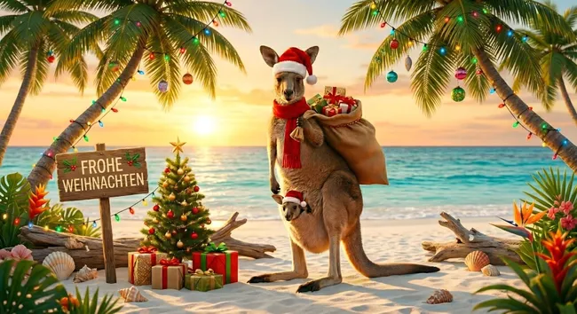 Weihnachtsmann-Känguru am Strand mit Palmen und Geschenken