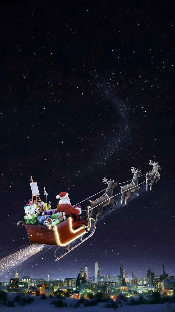 Weihnachtsmann mit Geschenken im Schlitten über Stadt