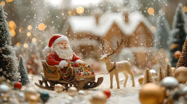 Weihnachtsmann mit Geschenkeschlitten und Rentier im verschneiten Dorf