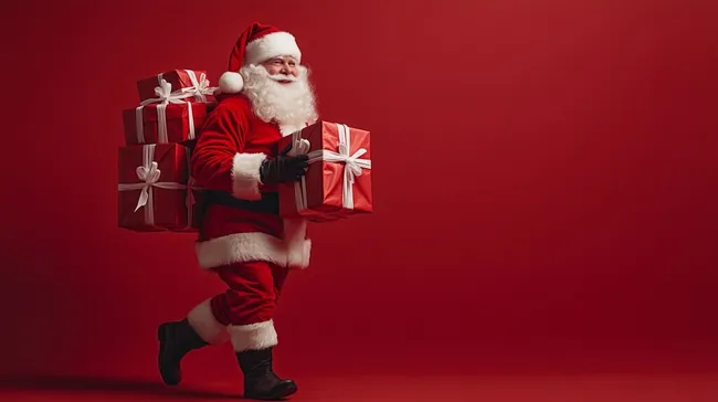 Weihnachtsmann mit Geschenkpaketen vor rotem Hintergrund