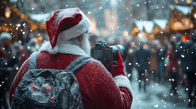 Weihnachtsmann mit Kamera auf Weihnachtsmarkt