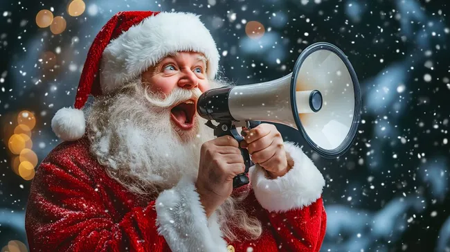 Weihnachtsmann mit Megafon in Winterlandschaft