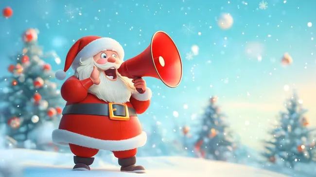 Weihnachtsmann mit Megafon in winterlicher Landschaft