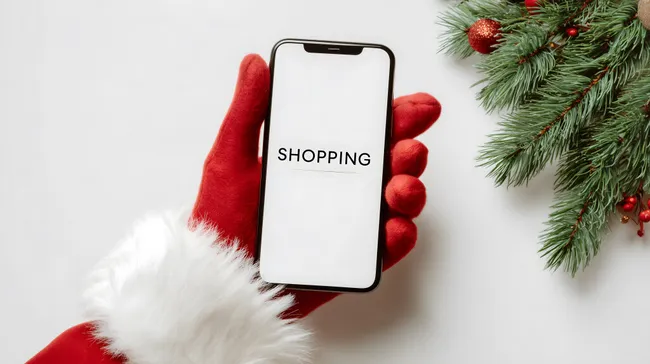 Weihnachtsmann mit Smartphone und Tannenzweigen