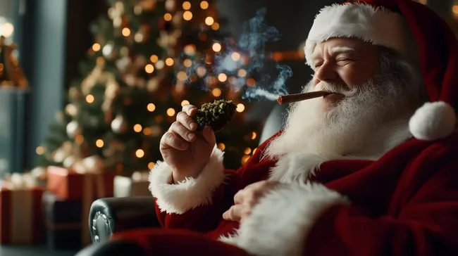 Weihnachtsmann raucht Jointpfeife vor Weihnachtsbaum