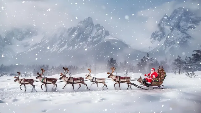 Weihnachtsmann reitet Rentier-Schlitten durch winterliche Berglandschaft