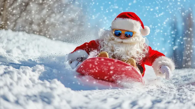 Weihnachtsmann rutscht vergnügt im Schnee hinunter