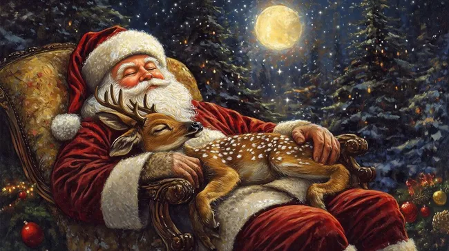 Weihnachtsmann schläft unter glitzerndem Sternenhimmel