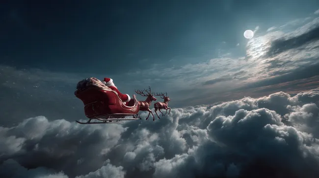 Weihnachtsmann schwebt in Schlitten über Wolken