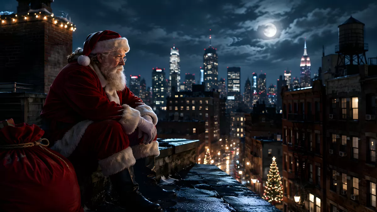 Weihnachtsmann sitzt nachdenklich auf Dach über Stadtpanorama