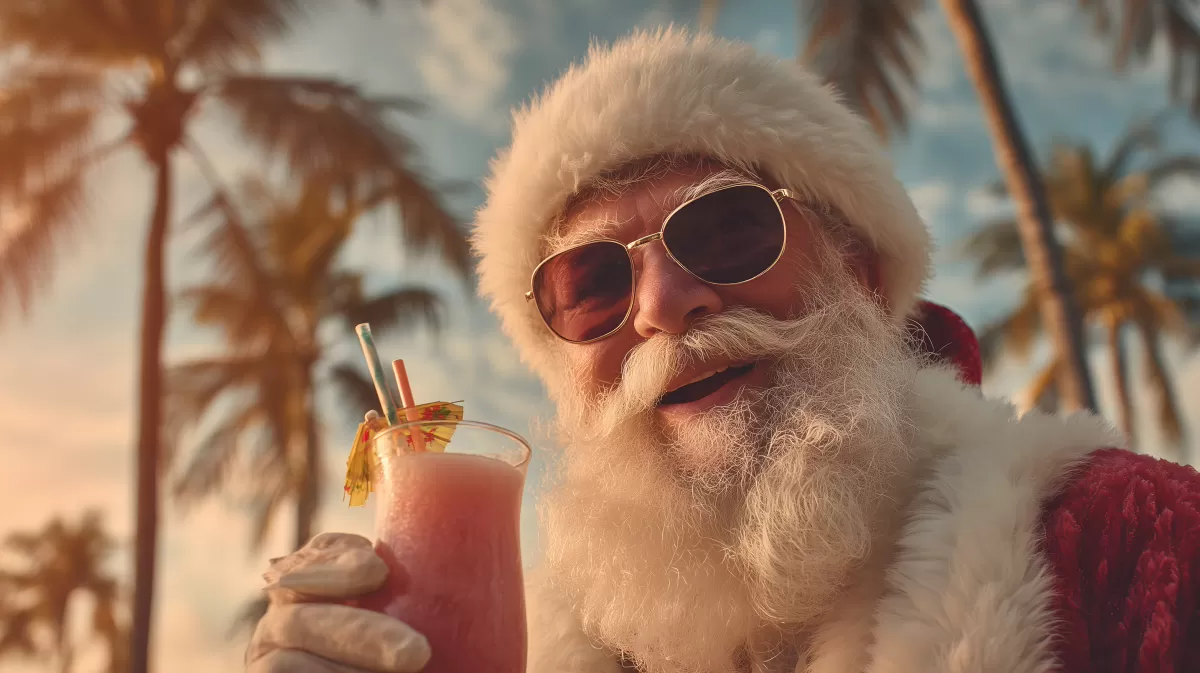 Weihnachtsmann trinkt Cocktail am tropischen Strand